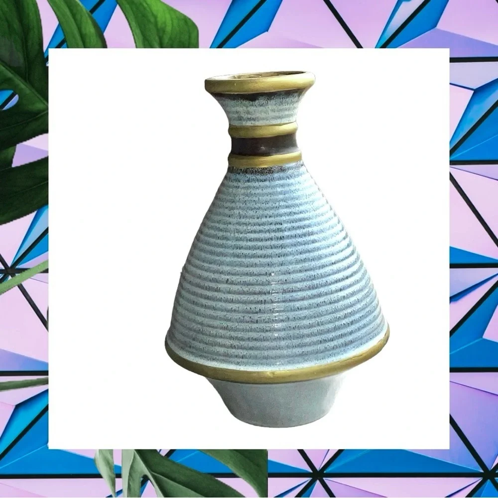 Gray Blue Speckled w Antique Gold Trim Beehive Swirl Stoneware Ceramic 12.75”
